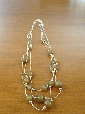 Multi-Strand Beaded Necklace in Brownish Green Tone Beads Silver Tone Chain